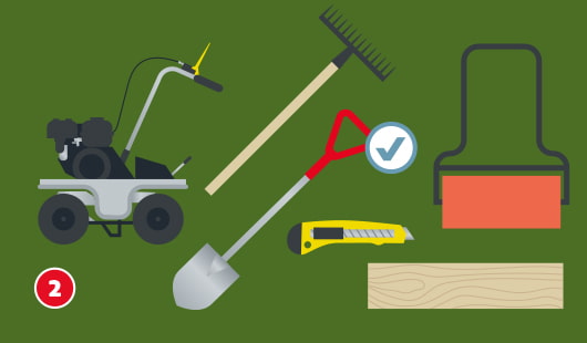 Illustration mit dem Titel „Schritt 2“ einer Hagebau-Anleitung zur Verlegung von Rollrasen. Gezeigt werden die benötigten Werkzeuge: Motorhacke zur Bodenlockerung, Rechen, Spaten, Teppichmesser, Holzbrett und Rasenwalze.