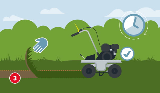Illustration mit dem Titel „Schritt 3“ einer Hagebau-Anleitung zur Verlegung von Rollrasen. Der alte Rasen wird mit einer Gartenfräse entfernt- Eine Uhr mit Pfeil symbolisiert: Dieser Schritt kann etwas Zeit in Anspruch nehmen.