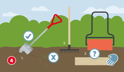 Illustration mit dem Titel „Schritt 4“ einer Hagebau-Anleitung zur Verlegung von Rollrasen. Der Boden wird in drei Schritten vorbereitet: (1) Mit einem Spaten wird die Fläche grob umgegraben (mit Häkchen markiert), (2) ein Brett als Nivellierhilfe ist mit einem Fragezeichen gekennzeichnet, (3) ein Rechen zum Glätten liegt daneben. Eine Rasenwalze steht bereit.