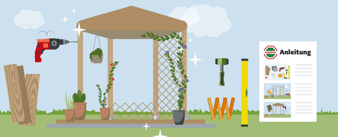 Illustration eines fertigen Gartenpavillons mit Kletterpflanzen und hängender Blume. Rundherum sind Werkzeuge und Materialien dargestellt: Holzlatten, Bohrmaschine, Wasserwaage, Hammer, Schrauben, Pflanzgefäße und ein Anleitungsblatt mit dem Logo „hagebau“ und drei bebilderten Schritten.