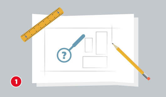 Eine schematische Darstellung zeigt die Planung einer Terrasse mit Steinplatten. Auf einem Blatt Papier ist eine einfache Skizze mit verschiedenen Flächen eingezeichnet. Ein Lineal und ein Bleistift liegen daneben. Eine Lupe mit Fragezeichen weist auf die genaue Planung der Fläche und Maße hin. Unten links ist ein roter Kreis mit einer weißen 1