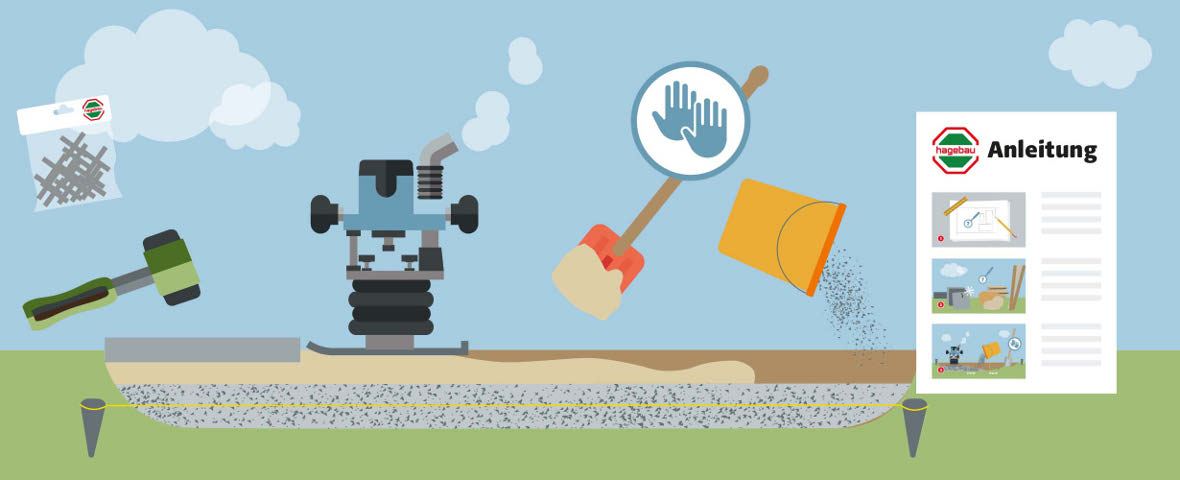 Eine schematische Darstellung zeigt die Vorbereitung und das benötigte Material zum Verlegen von Steinplatten auf der Terrasse. Abgebildet sind Fugenkreuze, Gummihammer, Rüttelplatte, Maurerkelle, Sand, eine Richtschnur sowie ein Eimer mit Füllmaterial. Rechts liegt eine bebilderte Schritt-für-Schritt-Anleitung. Ein Handsymbol weist auf den händischen Arbeitsaufwand hin