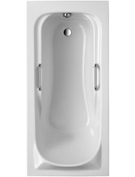 Eine klassische rechteckige Badewanne mit zwei Haltegriffen ist von oben zu sehen