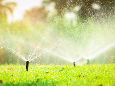 Foto einer Sprinkleranlagen, die einen Rasen bewässert