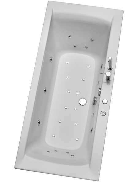 Eine rechteckige Whirlpool-Wanne mit zahlreichen Massagedüsen und integrierter Armatur ist leicht schräg von oben aufgenommen
